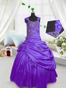 Satin Straps Sleeveless Lace Up Beading and Pick Ups Kids Pageant Dress in Purple