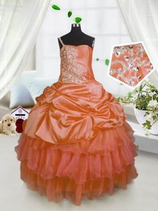 Custom Fit One Shoulder Sleeveless Beading and Ruffled Layers and Pick Ups Lace Up Pageant Gowns For Girls