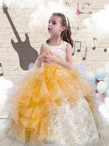 Custom Design Scoop Beading and Ruffles Little Girl Pageant Gowns Orange Lace Up Sleeveless Floor Length