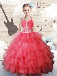 Halter Top Coral Red Lace Up Little Girls Pageant Gowns Ruffled Layers Sleeveless Floor Length