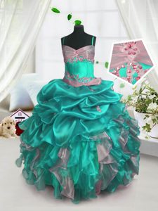 Floor Length Turquoise Pageant Dress for Girls Organza Sleeveless Beading and Ruffles and Pick Ups