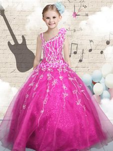 Ball Gowns Pageant Gowns Hot Pink Asymmetric Tulle Sleeveless Floor Length Lace Up
