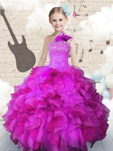 Elegant One Shoulder Organza Sleeveless Floor Length Girls Pageant Dresses and Beading and Ruffles