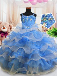 Ruffled Spaghetti Straps Sleeveless Zipper Kids Formal Wear Blue Organza