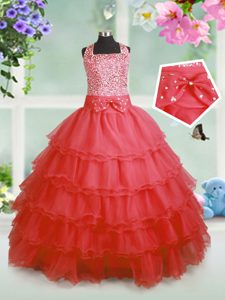 Graceful Coral Red Sleeveless Organza Zipper Little Girls Pageant Gowns for Party and Wedding Party