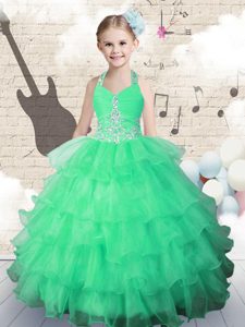 Green Ball Gowns Beading Pageant Dress for Teens Side Zipper Tulle Sleeveless Floor Length