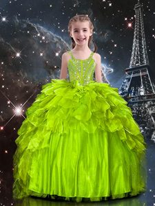 Perfect Yellow Green Sleeveless Organza Lace Up Pageant Dresses for Party and Wedding Party