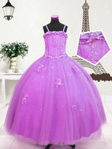 Scoop Tulle Sleeveless Floor Length Custom Made Pageant Dress and Beading and Appliques