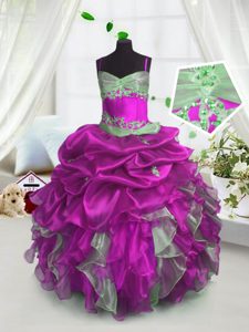 Lovely Fuchsia Lace Up Kids Formal Wear Beading and Ruffles and Pick Ups Sleeveless Floor Length