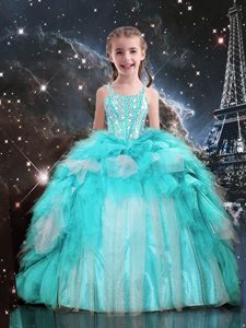 Aqua Blue Spaghetti Straps Neckline Beading and Ruffles Pageant Dress Wholesale Sleeveless Lace Up