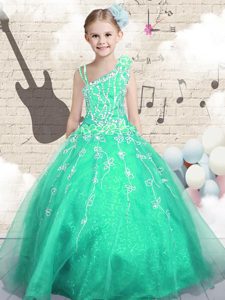 Trendy Apple Green Sleeveless Floor Length Appliques Lace Up Girls Pageant Dresses