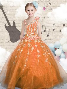 Floor Length Orange Winning Pageant Gowns Tulle Sleeveless Appliques