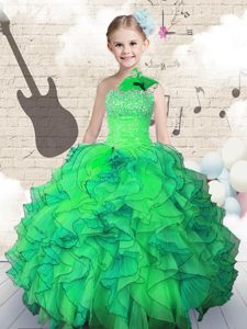 One Shoulder Sleeveless Organza Custom Made Pageant Dress Beading and Ruffles Lace Up
