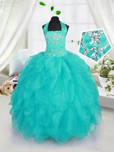 Halter Top Aqua Blue Organza Lace Up Pageant Dress for Womens Sleeveless Floor Length Beading