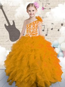 One Shoulder Sleeveless Lace Up Little Girls Pageant Dress Wholesale Orange Organza