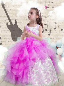 Purple Little Girl Pageant Dress Party and Wedding Party and For with Beading and Ruffled Layers Scoop Sleeveless Lace Up