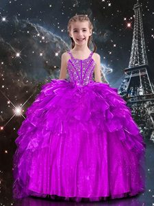 Best Spaghetti Straps Sleeveless Organza Child Pageant Dress Beading and Ruffles Lace Up