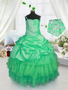 Custom Designed Sleeveless Floor Length Beading and Ruffled Layers and Pick Ups Lace Up Pageant Gowns with Apple Green