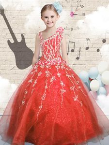 Attractive Orange Red Lace Up Little Girl Pageant Dress Appliques Sleeveless Floor Length