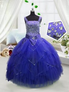 Exquisite Royal Blue Pageant Dress for Womens Party and Wedding Party and For with Beading and Ruffles Straps Sleeveless Lace Up