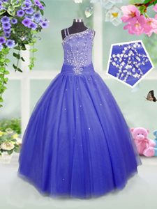 High Quality Tulle Asymmetric Sleeveless Side Zipper Beading Little Girls Pageant Gowns in Blue
