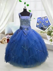 Hot Sale Royal Blue Tulle Lace Up Little Girls Pageant Dress Wholesale Sleeveless Floor Length Beading and Ruffles