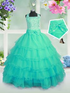 Sleeveless Floor Length Beading and Ruffled Layers Lace Up Little Girls Pageant Gowns with Turquoise