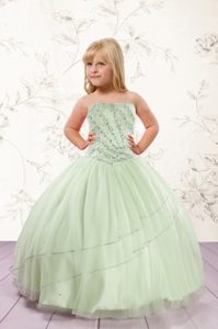 Latest Apple Green Ball Gowns Strapless Sleeveless Tulle Floor Length Lace Up Beading Custom Made Pageant Dress
