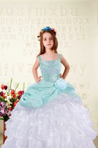 Floor Length Lace Up Pageant Dress Womens Aqua Blue and In for Military Ball and Sweet 16 and Quinceanera with Beading and Ruffled Layers and Hand Made Flower