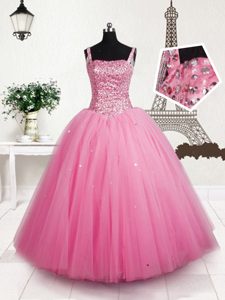 Stunning Baby Pink Sleeveless Beading and Sequins Floor Length Winning Pageant Gowns