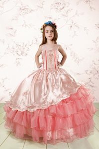Stylish Sleeveless Organza Floor Length Lace Up Kids Pageant Dress in Baby Pink for with Embroidery and Ruffled Layers
