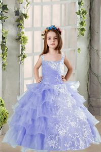Ruffled Floor Length Ball Gowns Sleeveless Lavender Kids Formal Wear Lace Up