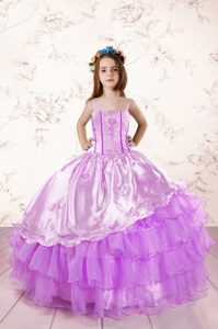 Fuchsia Lace Up Pageant Dress for Girls Embroidery and Ruffled Layers Sleeveless Floor Length