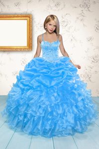 Sleeveless Organza Floor Length Lace Up Child Pageant Dress in Baby Blue for with Beading and Ruffles and Pick Ups