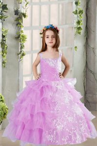 Organza Square Sleeveless Lace Up Lace and Ruffled Layers Kids Formal Wear in Lavender