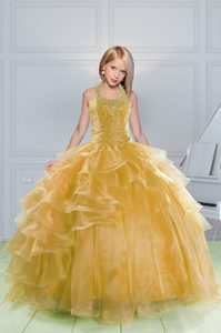 Dazzling Halter Top Sleeveless Beading and Ruffles Lace Up Kids Pageant Dress