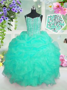 High Quality Apple Green Organza Lace Up Straps Sleeveless Floor Length Pageant Dress Toddler Beading and Pick Ups