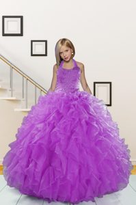 Luxurious Halter Top Organza Sleeveless Floor Length Glitz Pageant Dress and Beading and Ruffles