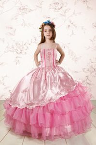 New Arrival Rose Pink Sleeveless Floor Length Embroidery and Ruffled Layers Lace Up Child Pageant Dress