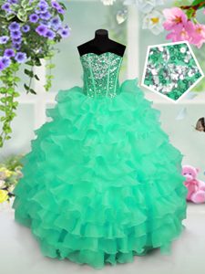 Adorable Turquoise Lace Up Glitz Pageant Dress Ruffled Layers and Sequins Sleeveless Floor Length