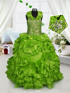 Halter Top Sleeveless Zipper Little Girl Pageant Gowns Olive Green Taffeta