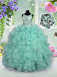 Eye-catching Scoop Ruffles and Sequins Pageant Dresses Turquoise Zipper Sleeveless Floor Length
