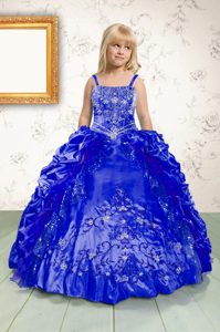 Pick Ups Ball Gowns Little Girl Pageant Dress Royal Blue Spaghetti Straps Satin Sleeveless Floor Length Lace Up