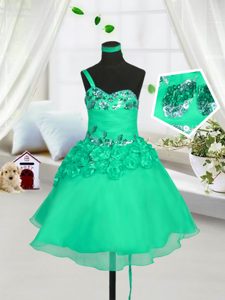 One Shoulder Turquoise Sleeveless Organza Lace Up Little Girls Pageant Dress for Party and Wedding Party