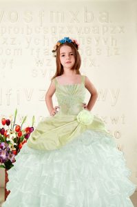 Yellow Green Ball Gowns Organza Straps Sleeveless Beading and Ruffled Layers Floor Length Lace Up Little Girls Pageant Gowns
