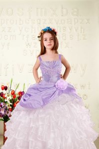 Simple Lilac Straps Lace Up Beading and Ruffled Layers and Hand Made Flower Pageant Dress for Teens Sleeveless