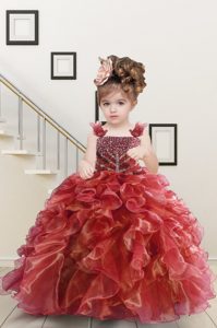 Watermelon Red Sleeveless Floor Length Beading and Ruffles Lace Up Custom Made Pageant Dress