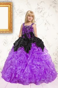 Black and Purple Lace Up Pageant Dress Womens Beading and Ruffles Sleeveless Floor Length