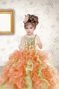 Excellent Spaghetti Straps Sleeveless Organza Pageant Gowns For Girls Beading and Ruffles and Sequins Lace Up
