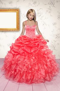 Excellent Pick Ups Floor Length Coral Red Pageant Dress for Teens Spaghetti Straps Sleeveless Lace Up